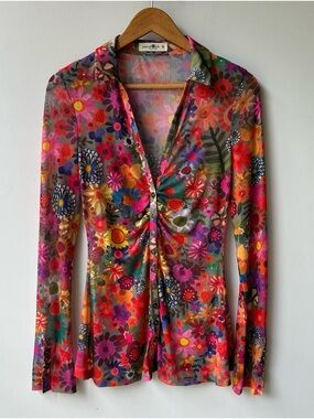 Natural Life Carina Mesh Sheer Top Shirt Floral Button Up Women’s Size Medium